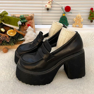 Xajzpa Super High Heels Loafers Women Autumn Patent Leather Chunky Platform Pumps Woman Slip On Black Jk Uniform Shoes Mary Janes